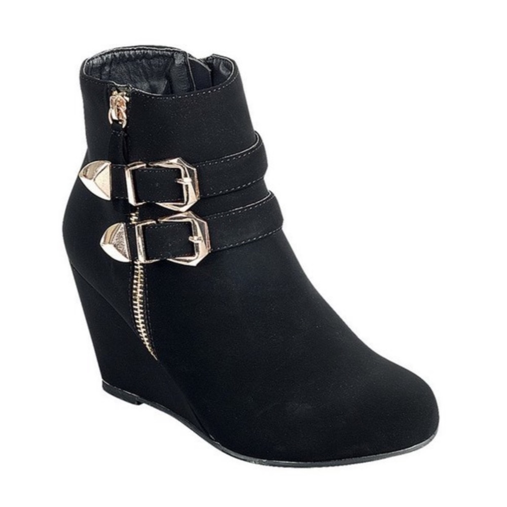 5⭐️ Rated Gold Buckle Black Suede Wedge Booties